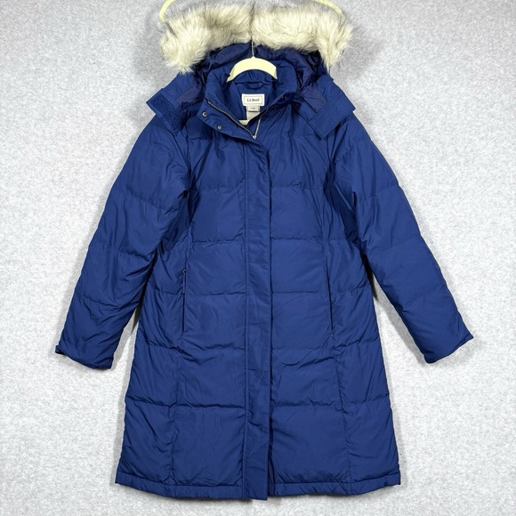 LL Bean Jacket Womens Small Ultrawarm Coat Down Three Quarter Length Hooded Blue - Picture 1 of 14